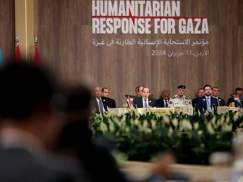 Jordan's King Abdullah II (right), his son Crown Prince Hussein (2nd right) attend, along with Egyptian President Abdul Fattah Al Sissi (2nd left) and his foreign minister, Sameh Shukry, a plenary session during the emergency aid summit entitled "Call for Action: Urgent Humanitarian Response for Gaza", in Sweimeh on the shores of the Dead Sea in Jordan on June 11, 2024.  