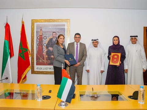 Group image for Mohamed Mehdi Bensaid, Moroccan Minister of Youth, Culture and Communication; Ahmed bin Rakkad Al Ameri, CEO of SBA; Khoula Al Mujaini, General Coordinator of the SIBF, and Latifa Muftaqir, Director of the Books, Libraries, and Archives Authority.