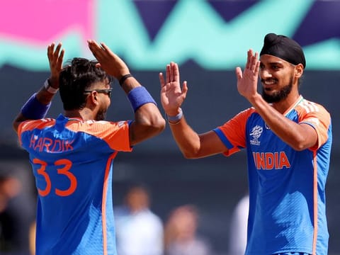 Arshdeep Singh (right) of India celebrates with Hardik Pandya during the ICC Men's T20 Cricket World Cup match against Pakistan at Nassau County International Cricket Stadium on June 09, 2024 in New York. The lively wickets have helped the fast bowlers.