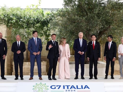 Italy's Prime Minister Giorgia Meloni, US President Joe Biden, France's President Emmanuel Macron, Canada's Prime Minister Justin Trudeau, Germany's Chancellor Olaf Scholz, Britain's Prime Minister Rishi Sunak, Japan's Prime Minister Fumio Kishida, European Commission President Ursula von der Leyen and President of the European Council Charles Michel pose for a family photo on the first day of the G7 summit at the Borgo Egnazia resort, in Savelletri, Italy, on June 13, 2024.  