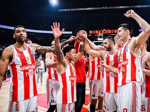 ABA League champions KK Crvena Zvezda celebrate after defeating Partizan in the final in May. The star-studded team will be playing a match in Dubai in the new season.