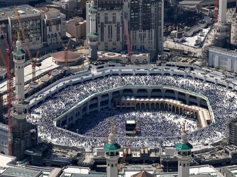 An aerial view shows Mecca's Grand Mosque with the Kaaba, Islam's holiest site in the centre on June 17, 2024, during the annual Hajj pilgrimage.  