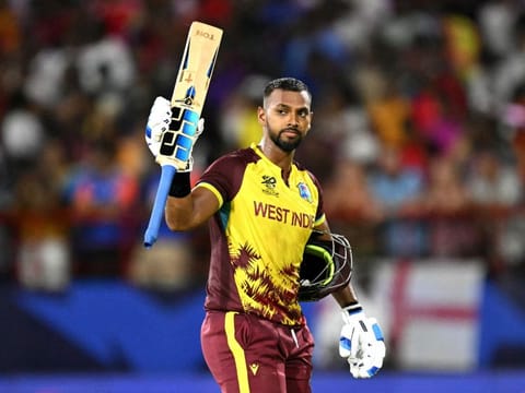 West Indies' Nicholas Pooran reacts after being run out during the ICC men's Twenty20 World Cup 2024 Group C match against Afghanistan.