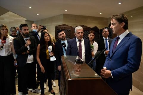 US special envoy Amos Hochstein addresses the media after meeting with Lebanon's parliament speaker in Beirut on June 18, 2024.