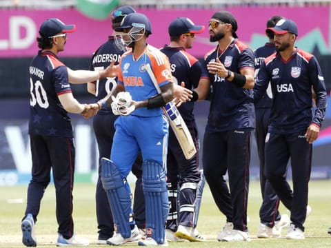 Players exchange handshakes after the Group A match between India and USA in the ICC T20 World Cup 2024 in New York. Action now shifts to the West Indies.