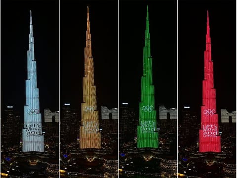  IOC and Paris Olympics logos displayed on the Burj Khalifa on the occasion of Olympic Day for the second consecutive year.