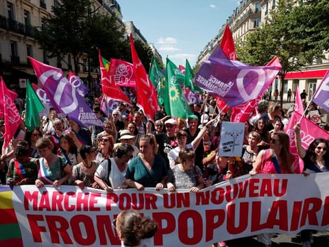 Mathilde Panot, of the French far-left opposition party La France Insoumise (France Unbowed - LFI), attends a demonstration organised by feminist organisations to protest against the French far-right National Rally (Rassemblement National - RN) party, ahead of upcoming French parliamentary elections, in Paris, on June 23, 2024.  