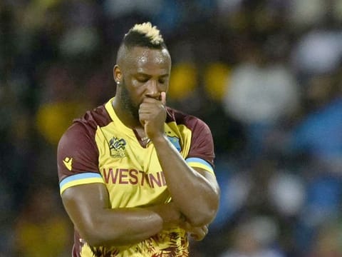 West Indies’ Andre Russell reacts during the ICC men’s Twenty20 World Cup 2024 Super Eight cricket match against South Africa at Sir Vivian Richards Stadium in North Sound, Antigua and Barbuda on June 23, 2024. The West Indies lost the game and exited from the tournament. 