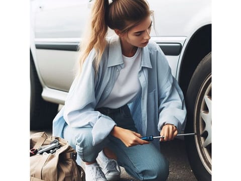 [Prompt: A woman in a comfortable button down shirt and her hair up in a ponytail getting ready to change her flat tire on the side of the road. Include a bag of tools in the background.]