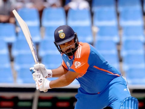 India’s captain Rohit Sharma plays a shot during the Super Eight match in the ICC Men’s T20 World Cup 2024, at the Sir Vivian Richards Stadium in Antigua on June 22, 2024. Rohit’s leadership has been a feature of Indian wins.