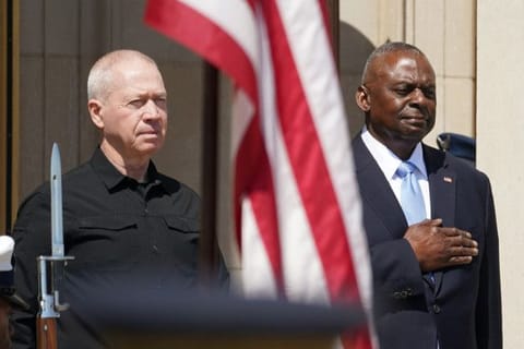 US Secretary of Defence Lloyd Austin receives Israeli Defence Minister Yoav Gallant at the Pentagon in Washington on June 25, 2024.  