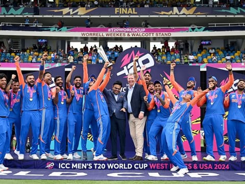 India’s players celebrate with the Twenty20 World Cup after beating South Africa by seven runs in the final at Kensington Oval in Bridgetown, Barbados, in June 2024. India have moved on since with more emphasis on youth.