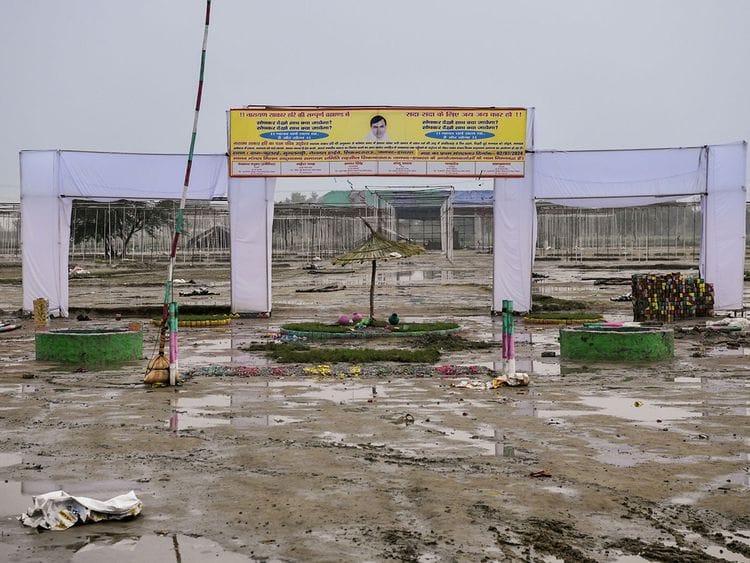 A view of the Hathras stampede site which left 121 people dead during a ‘Satsang’ (congregation), at Phulrai village in Hathras on Wednesday.  