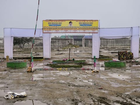 A view of the Hathras stampede site which left 121 people dead during a ‘Satsang’ (congregation), at Phulrai village in Hathras on Wednesday.  