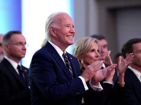 US President Joe Biden, center left, and First Lady Jill Biden at the Nato 75th anniversary celebratory event during the summit in Washington, DC, on July 9, 2024.  