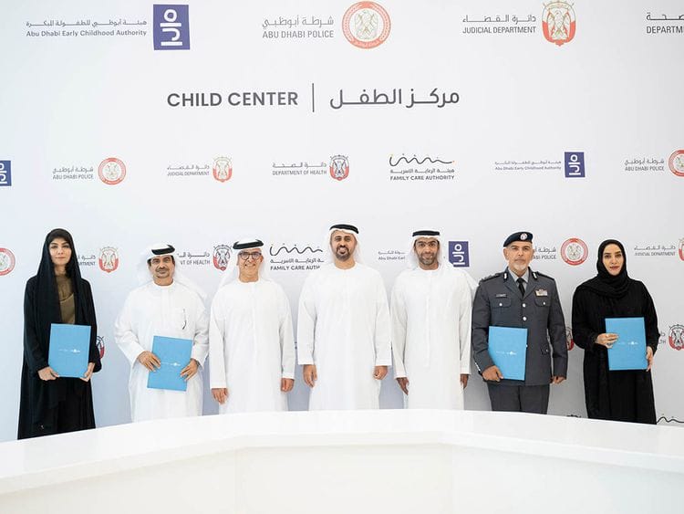 Sheikh-Theyab-(centre)-with-senior-officials-from-Family-Care-Authority,-Abu-Dhabi-Early-Childhood-Authority,-the-Department-of-Health-–-Abu-Dhabi,-Abu-Dhabi-Judicial-Department,-Abu-Dhabi-Police-1720691646446