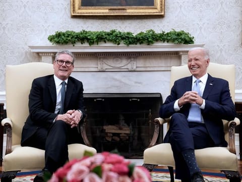 US President Joe Biden hosts a bilateral meeting with British Prime Minister Keir Starmer in the Oval Office of the White House in Washington, DC, on July 10, 2024.  