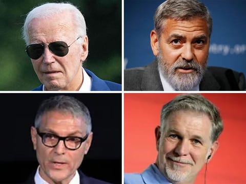 Clockwise from top-left: Joe Biden, George Clooney, Reed Hastings and Ari Emanuel