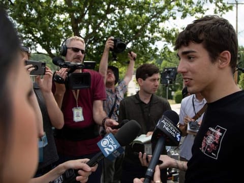 Jason Kohler, 21, speaks to the media about Thomas Matthew Crooks, the suspected shooter of former US President Donald Trump, as the FBI carries out an investigation, in Bethel Park, Pennsylvania, on July 14, 2024.  