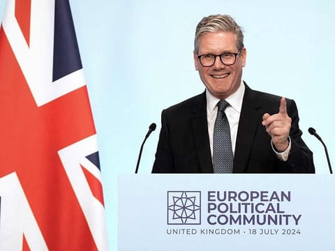 Britain's Prime Minister Keir Starmer speaks during a press conference at the European Political Community meeting, at Blenheim Palace in Woodstock, southern England, on July 18, 2024. 