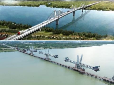An artist's view (above) and a drone shot (below) showing the under-construction 1.58-km Camalaniugan Bridge, which crosses Cagayan River in northern Philippines. Known as the longest cable-stayed bridge in Region 2, it is expected to open later this 2024.