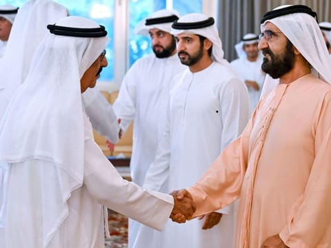 His Highness Sheikh Mohammed bin Rashid Al Maktoum, Vice President and Prime Minister of the UAE and Ruler of Dubai, meeting attendees at the Majlis today. Sheikh Hamdan bin Mohammed bin Rashid Al Maktoum, Crown Prince of Dubai, Deputy Prime Minister and Minister of Defence of the UAE, and Chairman of The Executive Council of Dubai and Sheikh Ahmed bin Mohammed bin Rashid Al Maktoum, Second Deputy Ruler of Dubai, were also present. 