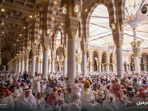 The faithful attend the group Friday prayers in the Prophet’s Mosque in Medina. 