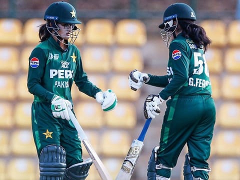 Pakistan openers Gull Feroza and Muneeba Ali congratulate each other during their match against UAE Women in the Asia Cup in Dambulla, Sri Lanka, on Tuesday.