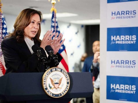 US Vice President and Democratic presidential candidate Kamala Harris speaks at her campaign headquarters in Wilmington, Delaware, on July 22, 2024. Harris compared her election rival Donald Trump to "predators" and "cheaters," as she attacked the first former US leader to be convicted of a crime. 