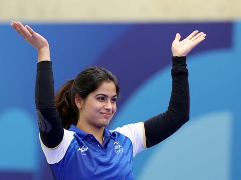 India's Manu Bhaker reacts at the end of the 10m air pistol women's Final during the Paris 2024 Olympic Games at Chateauroux Shooting Centre