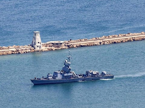 An Israeli Navy corvette patrols along the coast of the northern port city of Haifa on August 3, 2024, amid regional tensions during the ongoing war between Israel and the Hamas movement in the Gaza Strip. 