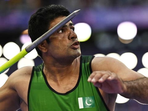 Pakistan's Arshad Nadeem competes in the men's javelin throw final of the athletics event at the Paris 2024 Olympic Games at Stade de France in Saint-Denis, north of Paris, on August 8, 2024. 