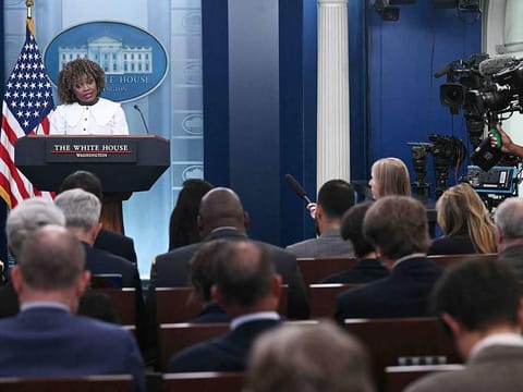 White House Press Secretary Karine Jean-Pierre speaks during the daily briefing in the Brady Briefing Room of the White House in Washington, DC, on August 12, 2024.