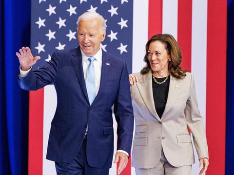 US President Joe Biden and US Vice President Kamala Harris during an event in Upper Marlboro, Maryland, US, on Thursday, August 15, 2024. 