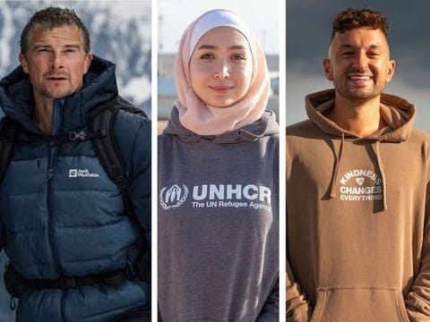(from left) Bear Grylls, Maya Ghazal, and Zachery Dereniowski