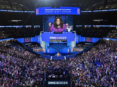US producer/actress Oprah Winfrey speaks on the third day of the Democratic National Convention (DNC) at the United Center in Chicago, Illinois, on August 21, 2024.  
