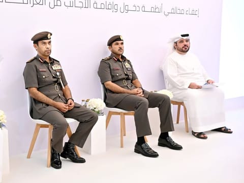 From left: Major General Sultan Yusuf Abdul Rahman Al Nuaimi, Director-General of Residency and Foreigners Affairs at the Federal Authority for Identity, Citizenship, Customs & Port Security (ICP), Major-General Obaid Muhair bin Suroor, Deputy Director-General of the General Directorate of Residency and Foreigners Affairs in Dubai and Khalil Ibrahim Al Khoori, Undersecretary for Human Resources at the Ministry of Human Rescourses and Emiratisation (MOHRE), at a press conference in Abu Dhabi on Wednesday, August 28.