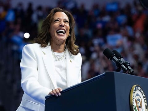  Democratic Presidential candidate US Vice President Kamala Harris speaks at a campaign rally at Enmarket Arena during a two-day campaign bus tour in Savannah, Georgia, on August 29, 2024. 