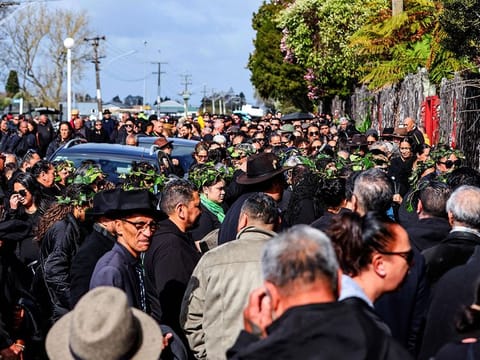 Mourners and members of the Maori Community gather after the news of Maori King Kiingi Tuheitia’s death at the Turangawaewae Marae in Ngaruawahia, New Zealand on August 30, 2024. 