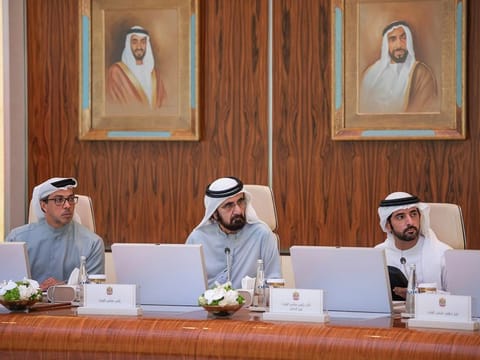 His Highness Sheikh Mohammed bin Rashid Al Maktoum, Vice President and Prime Minister of the UAE and Ruler of Dubai; Sheikh Mansour bin Zayed Al Nahyan, Vice President, Deputy Prime Minister and Chairman of the Presidential Court; and Sheikh Hamdan bin Mohammed bin Rashid Al Maktoum, Crown Prince of Dubai, Deputy Prime Minister, and Minister of Defence, during the Cabinet meeting at Qasr Al Watan in Abu Dhabi on Monday
