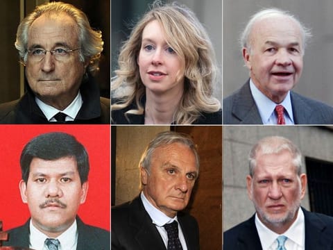 Clockwise (from top left): Bernard Lawrence "Bernie" Madoff of Bernard L. Madoff Investment Securities LLC, Elizabeth Holmes of Theranos, Kenneth Lay of Enron, Bernard Ebbers of WorldCom,  Calisto Tanzi of Parmalat and Michael de Guzman of Bre-X Minerals.