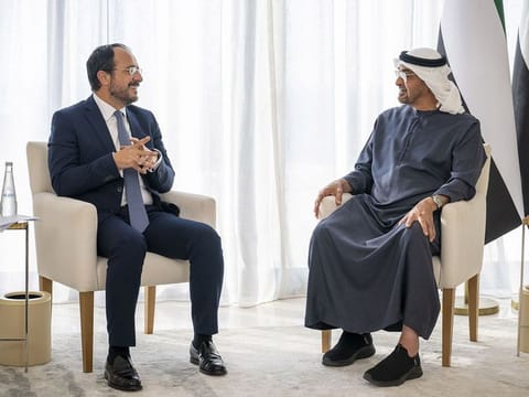 President His Highness Sheikh Mohamed bin Zayed Al Nahyan and Nikos Christodoulides, President of Cyprus, on Tuesday in Abu Dhabi 