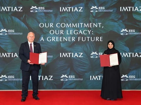 Ernest Edward Pallett, Director of Business  Strategy at Imtiaz Developments and Habiba Al Mar'ashi, Co-Founder and Chairperson of Emirates Environmental Group, formalise the groundbreaking partnership with Imtiaz Developments, marking the launch of a green initiative to plant a tree for every apartment built.