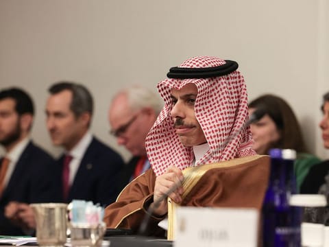 Saudi Arabia's Foreign Minister Prince Faisal bin Farhan Al Saud listens during a meeting with Foreign Ministers of the Gulf Cooperation Council on the sidelines of the 79th Session of the United Nations General Assembly in New York on September 25, 2024. 