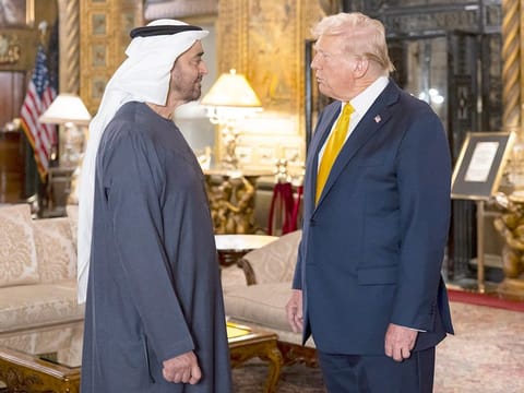President His Highness Sheikh Mohamed bin Zayed Al Nahyan meets with former US President Donald Trump.