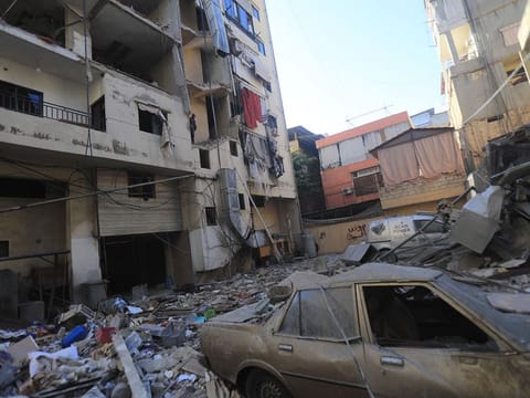 A view of the damage at the site of an overnight Israeli strike on Beirut's southern suburb of Ghobeiry on September 30, 2024.  