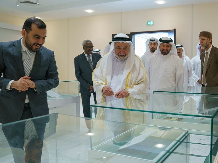 Following-his-speech,-Shj-ruler-tours-the-Al-Qasimi-Publications-office,-where-he-viewed-an-exhibition-displaying-original-manuscripts-of-his-works-1727716301428