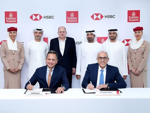 HSBC and Emirates Skywards partnership announced at a signing ceremony attended by Sheikh Ahmed bin Saeed Al Maktoum, Chairman & Chief Executive, Emirates Airline & Group, and Sir Mark Tucker, HSBC Group Chairman, where Dinesh Sharma, Regional Head of Wealth and Personal Banking (WPB), EMEA, HSBC, and Dr Nejib Ben Khedher, Divisional Senior Vice President, Emirates Skywards, signed the agreement. Also seen in the picture are Mohamed Al Marzooqi, Chief Executive, UAE, Adnan Kazim, Deputy President & Chief Commercial Officer, Emirates and Nancy Clark, Vice President, Partnerships, Emirates Skywards. 
