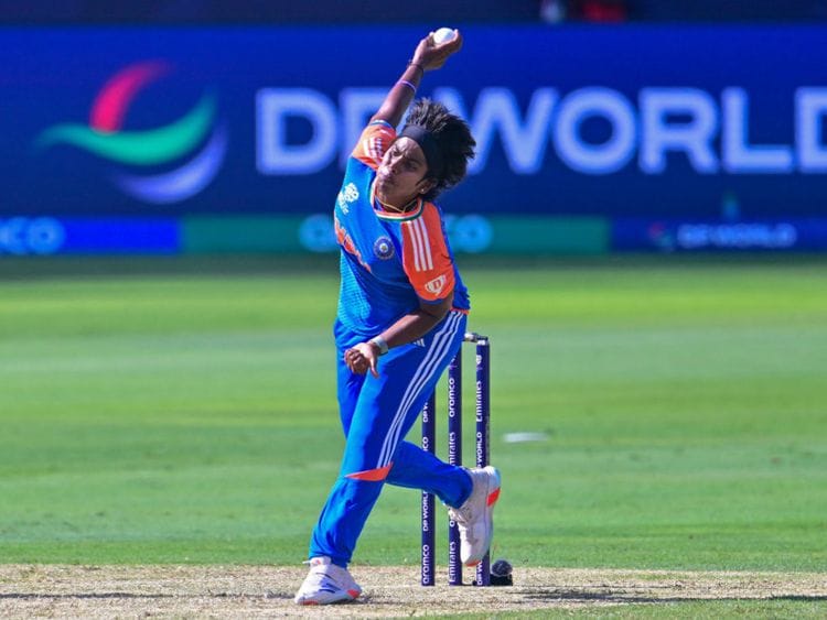 India's Arundhati Reddy delivers a ball during the ICC Women's T20 World Cup cricket match against Pakistan at the Dubai International Cricket Stadium in Dubai on Sunday.
