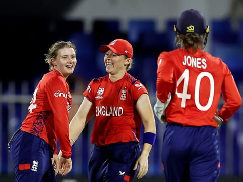 England players celebrate a South African wicket during the ICC T20 World Cup match at the Sharjah Cricket Stadium on Monday.